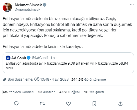 Enflasyon verileri açıklandı, Mehmet Şimşek sabır istedi