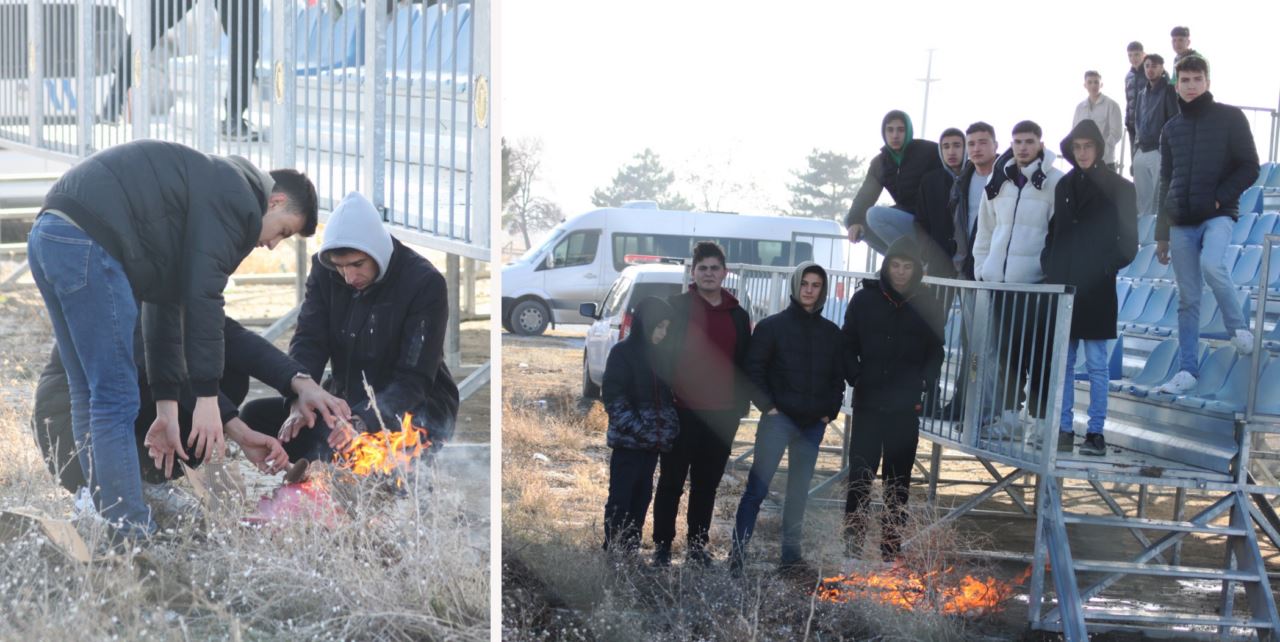 Sarayönüsporlu taraftar maçta ateş yakarak ısındı