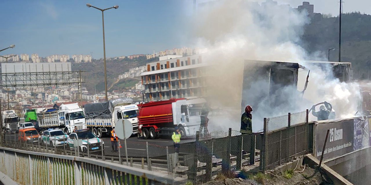 TEM'de lastiği patlayan Konya plakalı tır alevlere teslim oldu