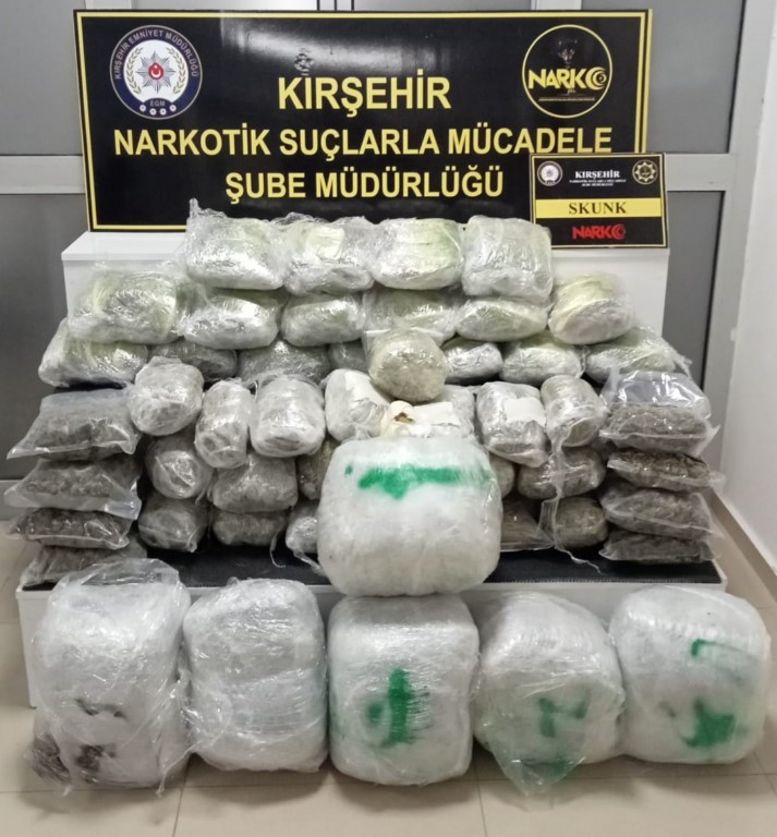 Kırşehir'de minibüste yaklaşık 45 kilogram skunk bulundu